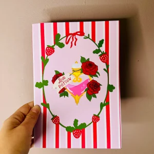 Carte Love Potion Saint-Valentin A5 illustrée, illustration romantique rose et rouge avec roses et fraises
