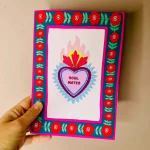 Carte de Saint-Valentin A5 illustrée Soul Mates avec cœur sacré et fleurs rouges