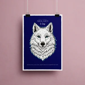 Affiche Animal Totem - Le Loup | Illustration Spirituelle Bleu Nuit