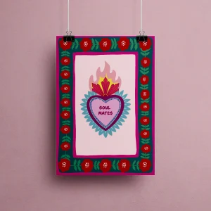 Affiche decorative Soul Mates style ex-voto mexicain, cœur sacré flamboyant art populaire, bordure florale rouge, illustration amour âmes sœurs