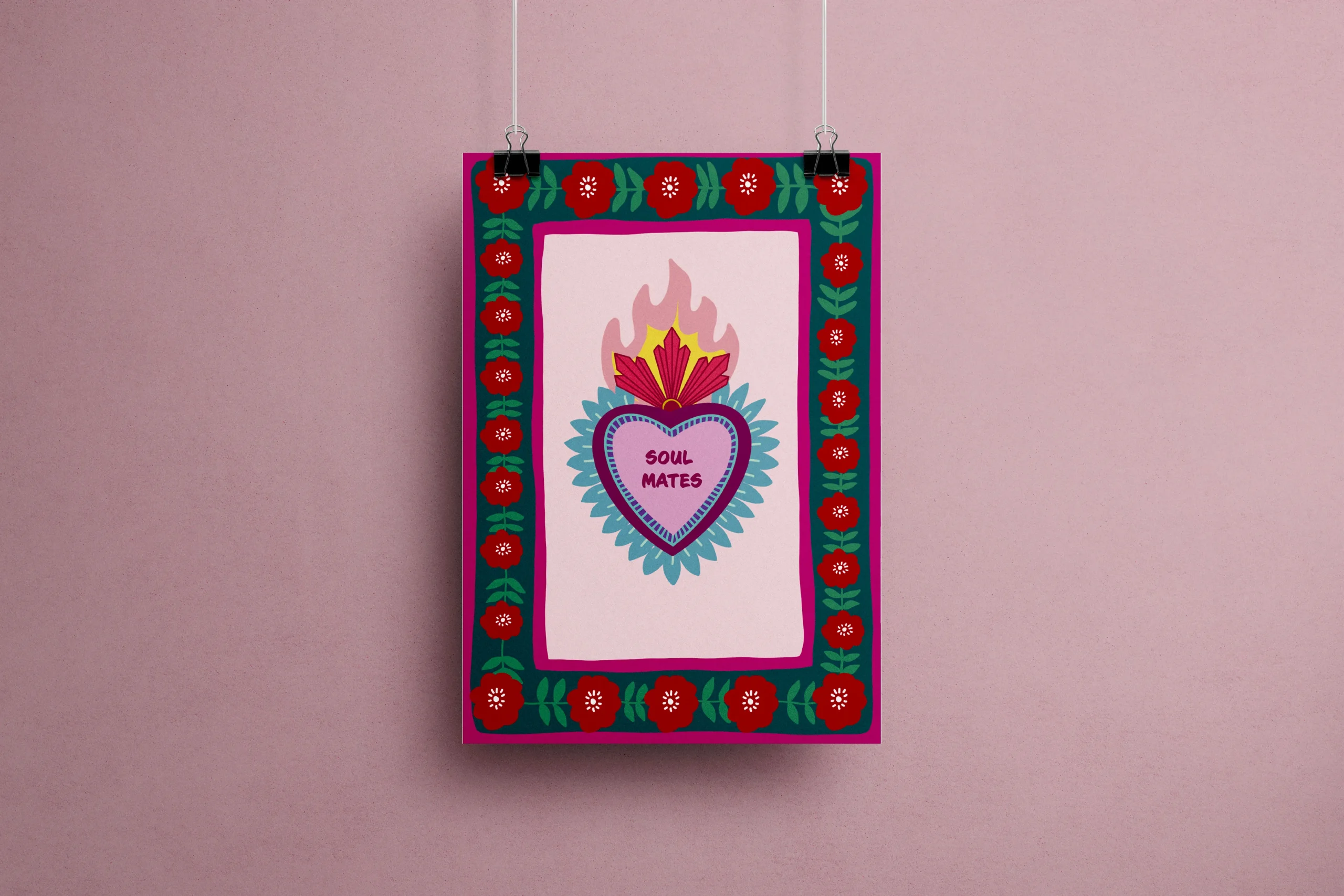 Affiche decorative Soul Mates style ex-voto mexicain, cœur sacré flamboyant art populaire, bordure florale rouge, illustration amour âmes sœurs