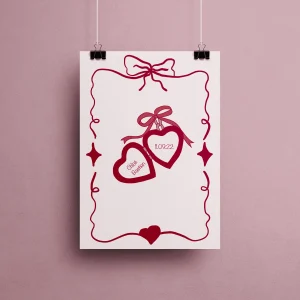 Affiche personnalisable Mi Amor avec médaillons pendentifs cœurs bordeaux pour inscrire prénoms et date, exemple Chloé Bastien 11.09.22, bordure ornementale style vintage romantique sur fond beige