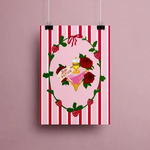 Affiche illustration Love Potion avec fiole dorée de philtre d'amour rose entourée de roses rouges et fraises dans couronne végétale sur fond rayé rose et blanc style vintage romantique