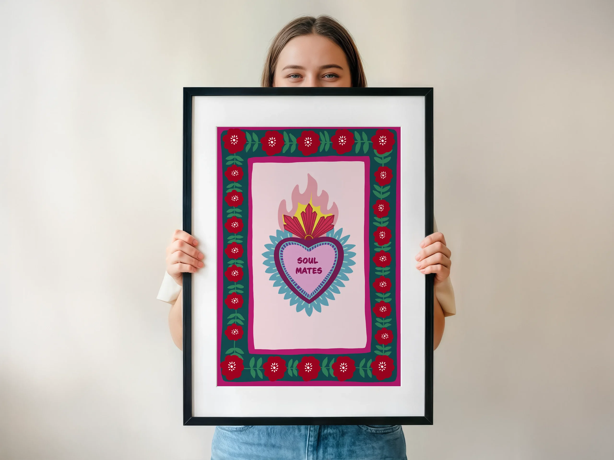 Affiche decorative Soul Mates style ex-voto mexicain, cœur sacré flamboyant art populaire, bordure florale rouge, illustration amour âmes sœurs