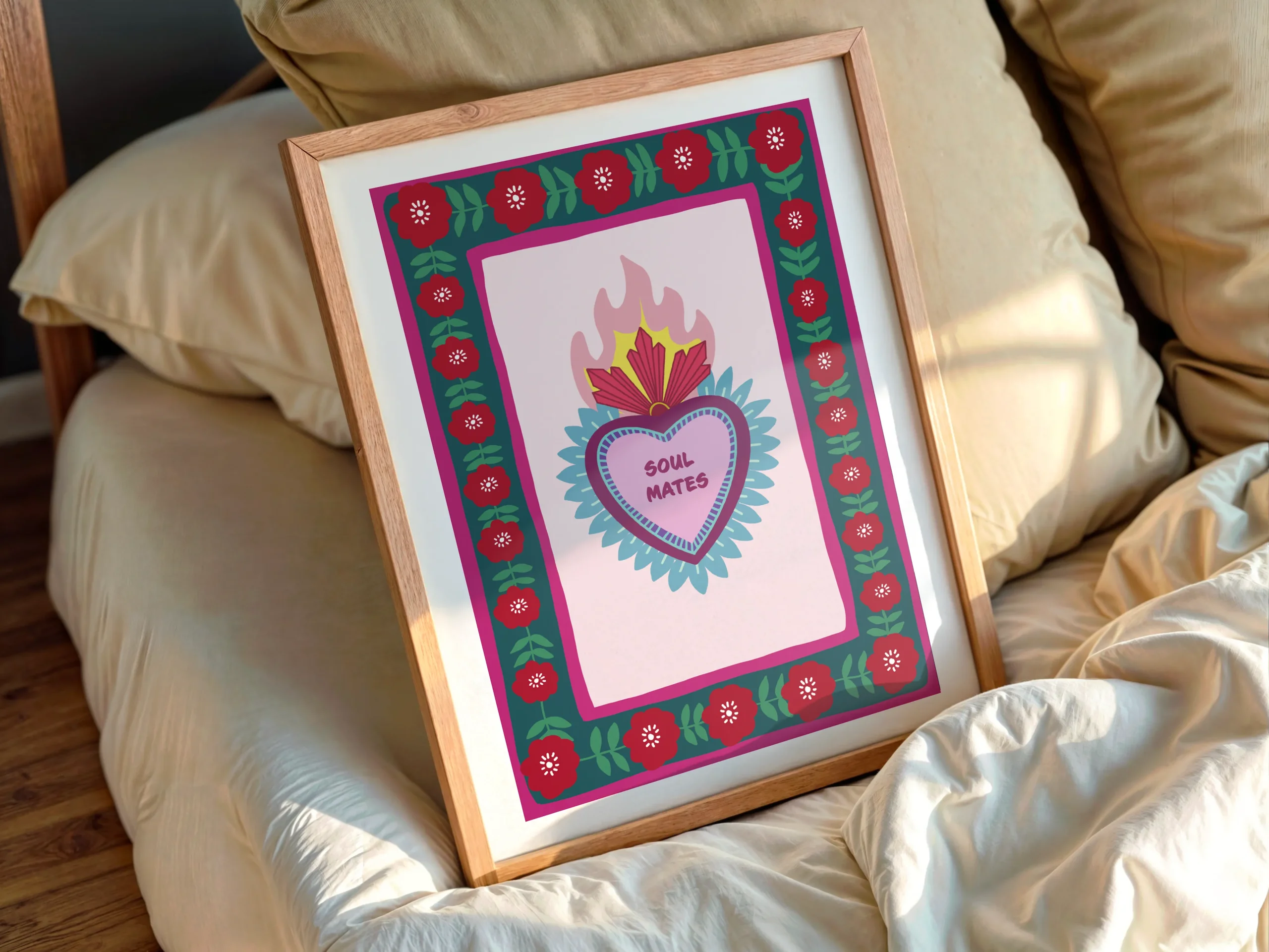 Affiche decorative Soul Mates style ex-voto mexicain, cœur sacré flamboyant art populaire, bordure florale rouge, illustration amour âmes sœurs