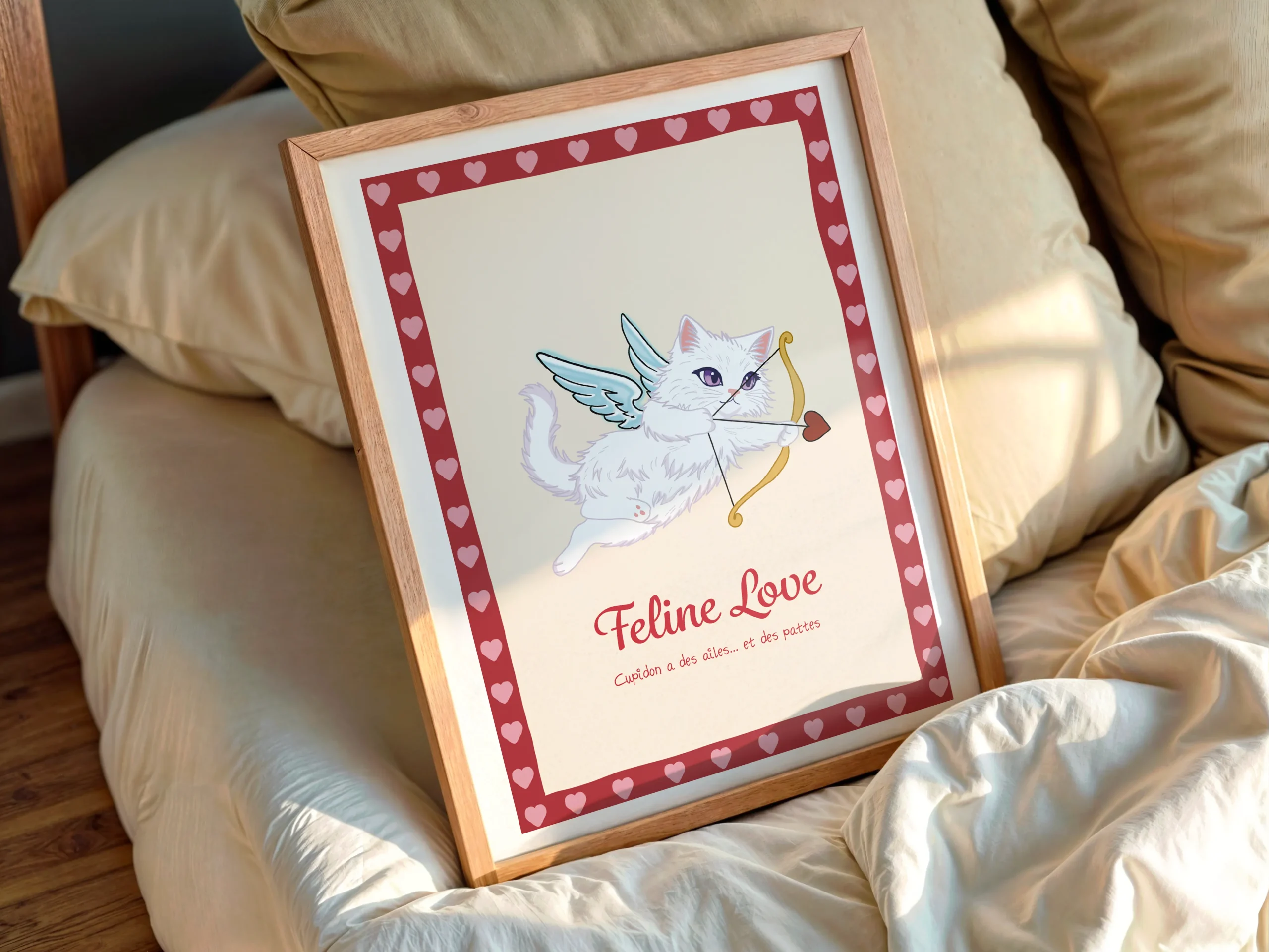 Affiche illustration Feline Love avec chat blanc ailé en Cupidon tenant arc doré et flèche à cœur rouge, yeux violets, bordure de cœurs roses sur fond rouge terracotta style kawaii romantique