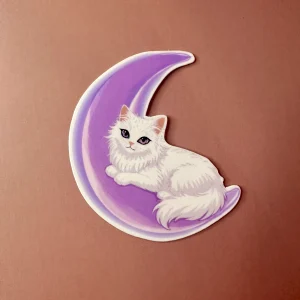 Sticker chat blanc sur lune violette
