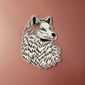 Sticker tête de loup avec plume bohème