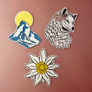 Lot de stickers illustration loup montagne edelweiss 5x5 cm style nature sauvage soft but savage