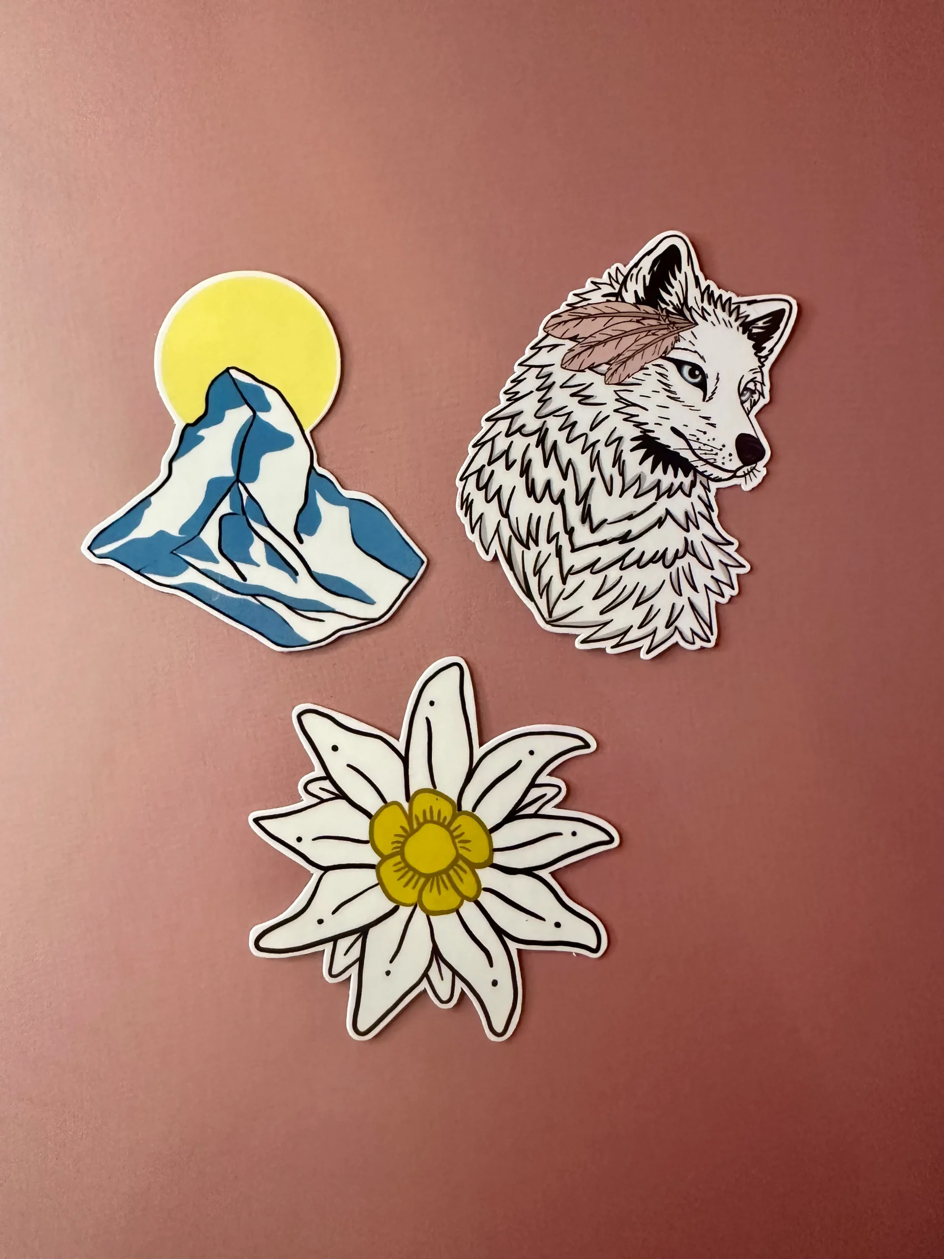 Lot de stickers illustration loup montagne edelweiss 5x5 cm style nature sauvage soft but savage