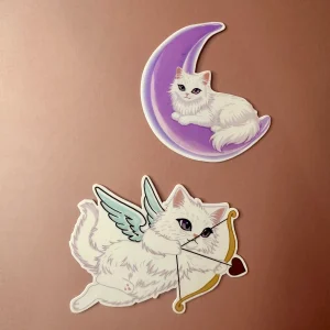 Lot stickers chat lune et chat cupidon illustration kawaii soft but savage 5x5 cm