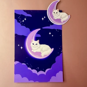 Pack carte A6 et sticker chat sur lune illustration univers nocturne violet soft but savage