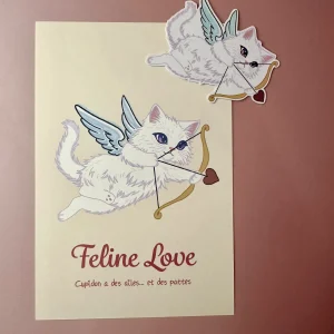 Pack carte A6 et sticker chat cupidon ailé illustration feline love soft but savage