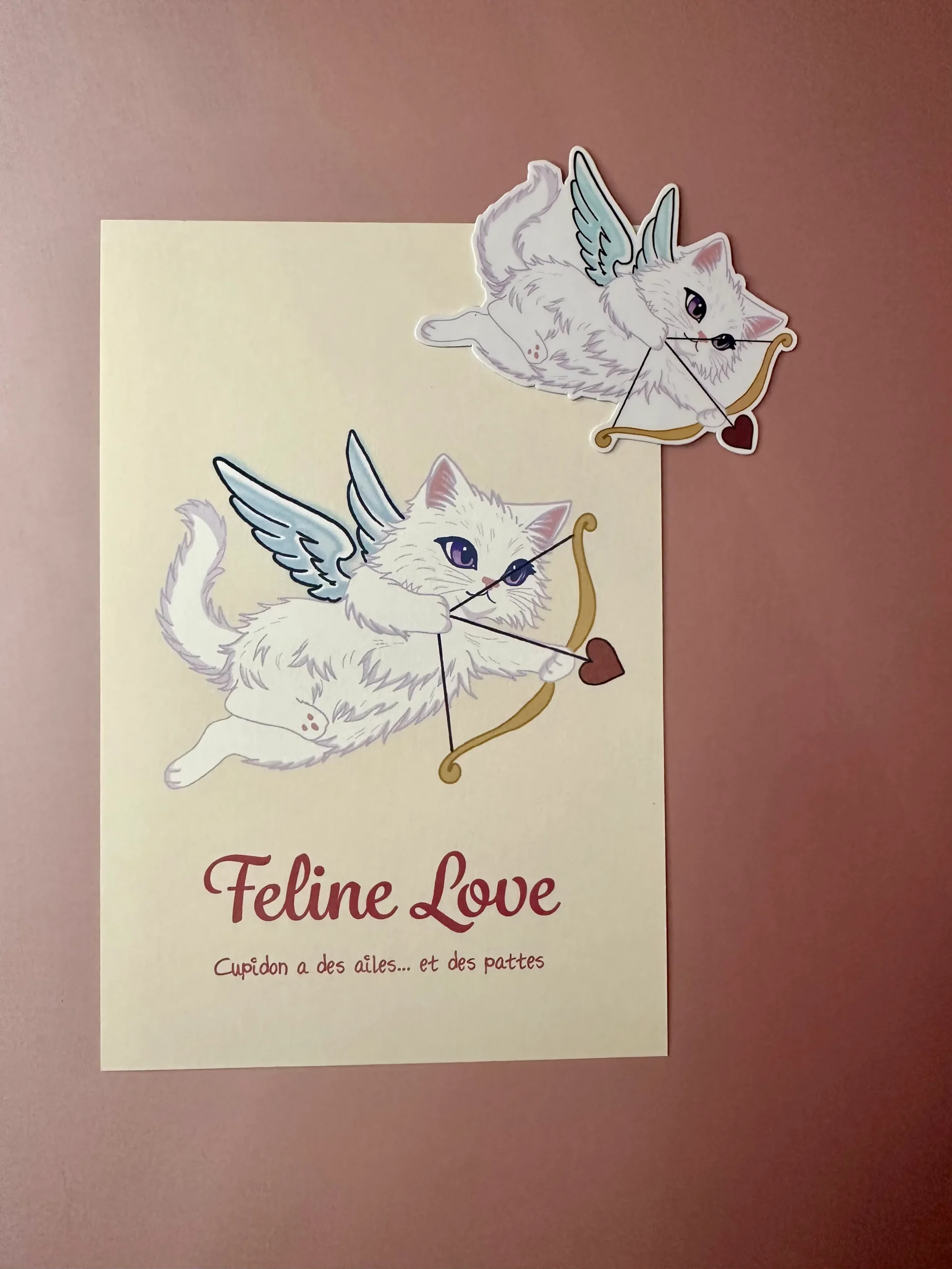 Pack carte A6 et sticker chat cupidon ailé illustration feline love soft but savage