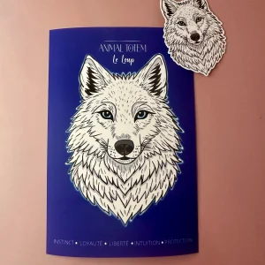 Pack carte A6 et sticker loup Ayko animal totem illustration soft but savage
