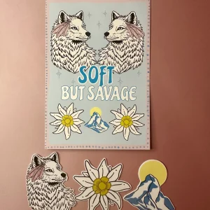 Pack carte A6 et 3 stickers loup edelweiss montagne illustration soft but savage