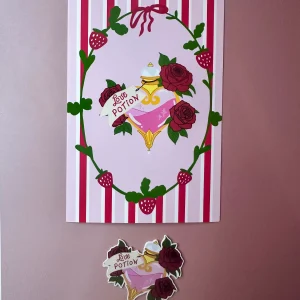 Pack carte A6 et sticker potion d’amour roses fraises illustration romantique