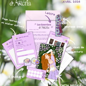 Produit Les Courriers d'Astéria édition avril Écriture et Rêverie, enveloppe féerique et littéraire avec carte postale illustrée, stickers, marque-page et surprises bookish, snail mail club achat unique livraison France Belgique international