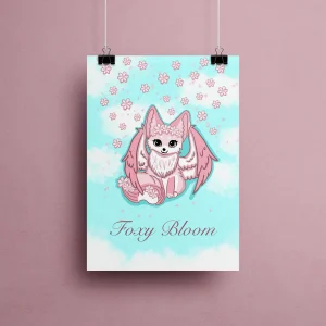Affiche illustration renarde kawaii rose aux ailes déployées couronnée de fleurs de cerisier, entourée de pétales de sakura sur fond de ciel turquoise nuageux – style fantasy pastel printanier