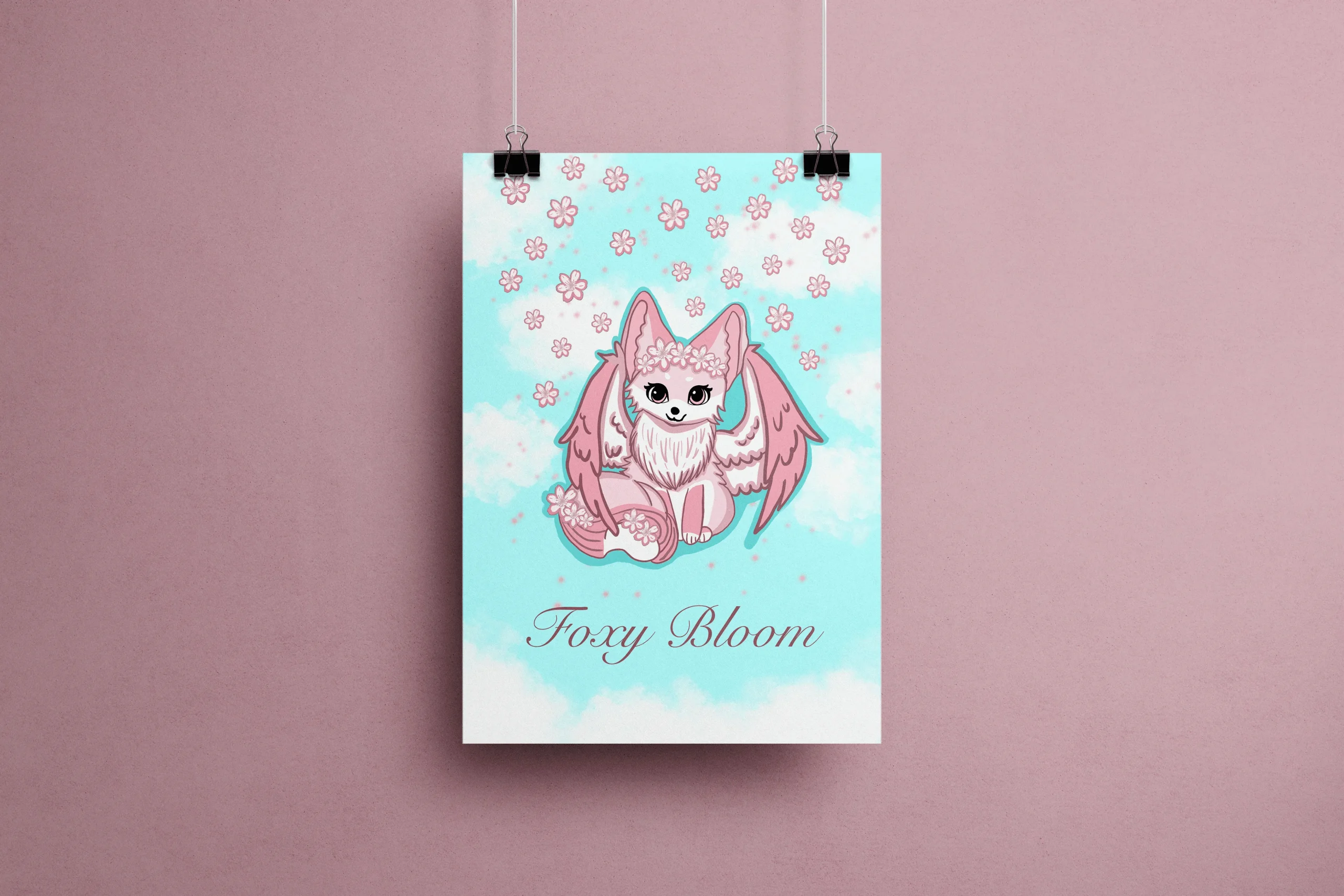 Affiche illustration renarde kawaii rose aux ailes déployées couronnée de fleurs de cerisier, entourée de pétales de sakura sur fond de ciel turquoise nuageux – style fantasy pastel printanier