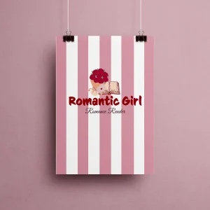Affiche illustration "Romantic Girl – Romance Reader" avec bouquet de roses rouges, livre ouvert aux pages dorées et lettre cachetée d'un cœur sur fond rayé rose vieux et blanc – style vintage romantique bookish, collection Profile Reader