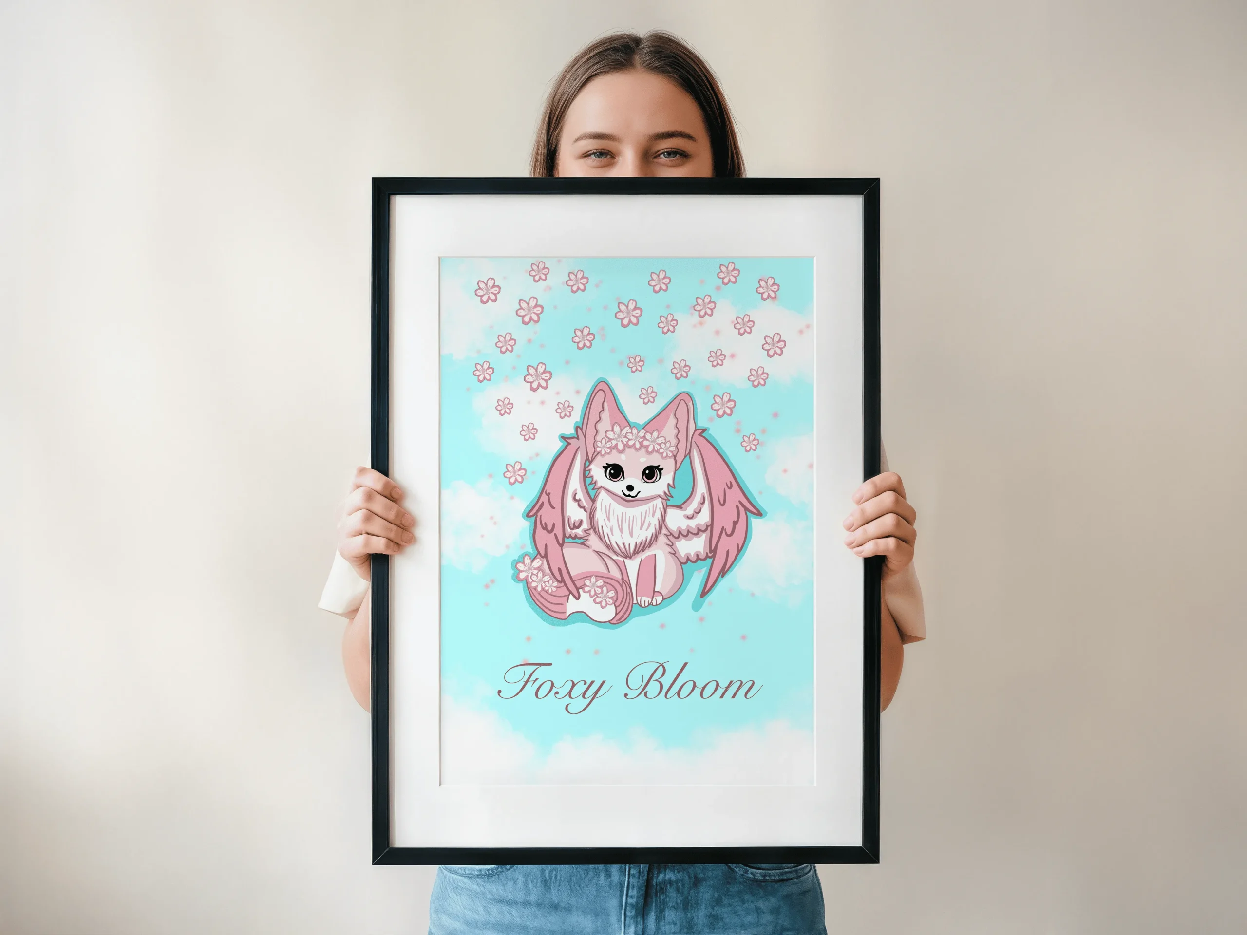 Affiche illustration renarde kawaii rose aux ailes déployées couronnée de fleurs de cerisier, entourée de pétales de sakura sur fond de ciel turquoise nuageux – style fantasy pastel printanier