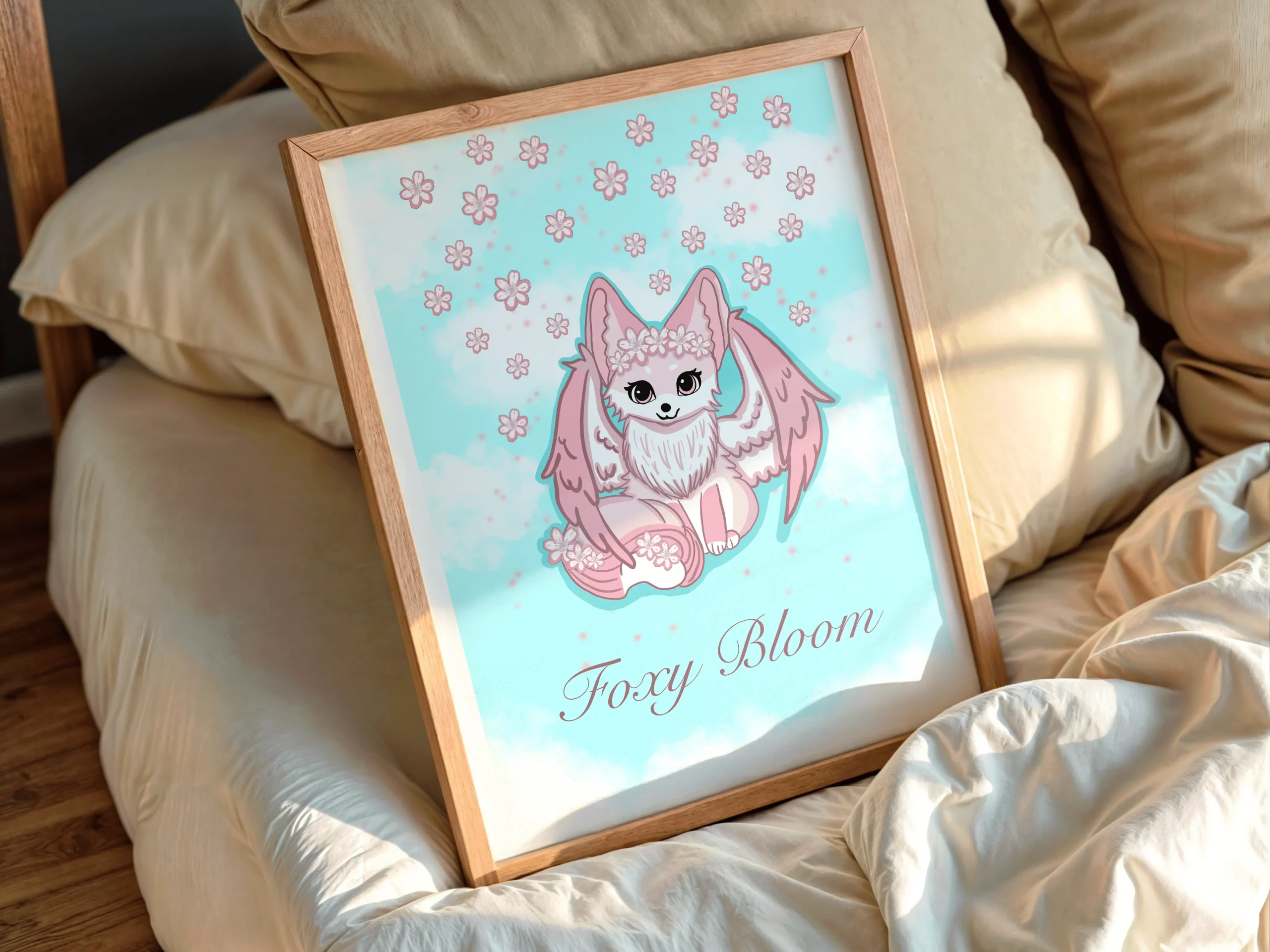 Affiche Foxy Bloom – Illustration Fantasy Kawaii Renarde Ailée & Fleurs de Cerisier – Image 2