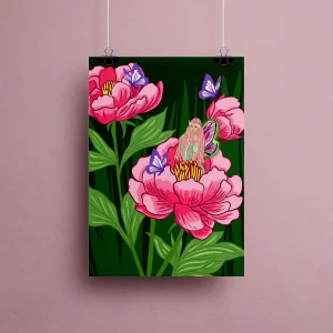 Affiche Fée Pivoine illustration fée des fleurs cheveux roses papillons violets pivoines fantasy onirique collection printemps Astéria Bloom