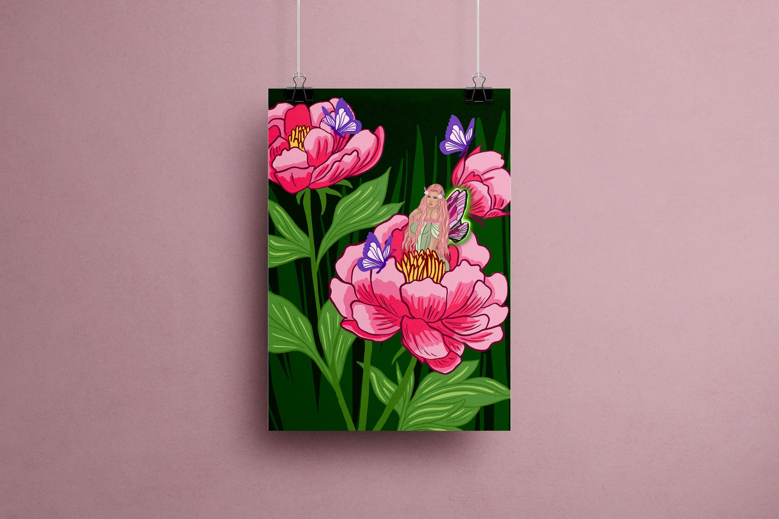 Affiche Fée Pivoine illustration fée des fleurs cheveux roses papillons violets pivoines fantasy onirique collection printemps Astéria Bloom