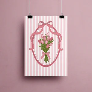 Affiche Bouquet de Tulipes illustration coquette romantique tulipes roses rubans perles fond rayé rose collection printemps Astéria Bloom