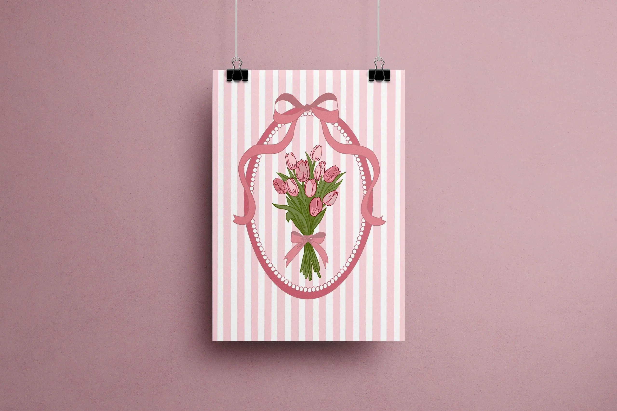 Affiche Bouquet de Tulipes illustration coquette romantique tulipes roses rubans perles fond rayé rose collection printemps Astéria Bloom