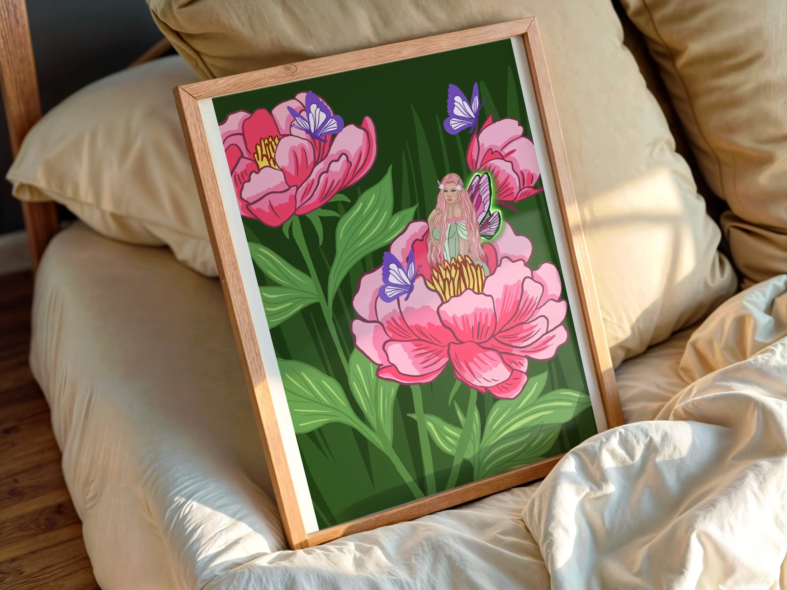 Affiche Fée Pivoine illustration fée des fleurs cheveux roses papillons violets pivoines fantasy onirique collection printemps Astéria Bloom