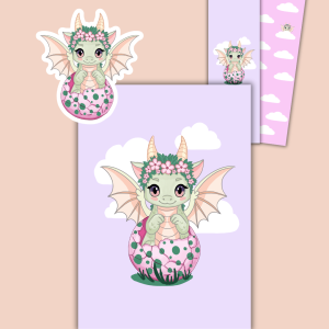 Pack Bébé Lyra – sticker, carte postale et marque-page recto verso illustration dragon kawaii fantasy par Astéria Bloom