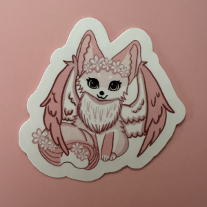 Sticker vinyle waterproof fantasy – renarde aux ailes déployées sur ciel turquoise
