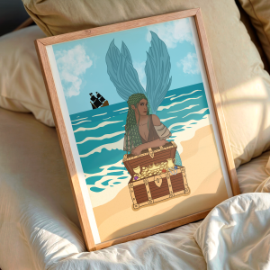 Affiche illustrée de Lavinia, sirène pirate aux cheveux verts accoudée à un coffre au trésor, face à l'océan turquoise et un navire pirate