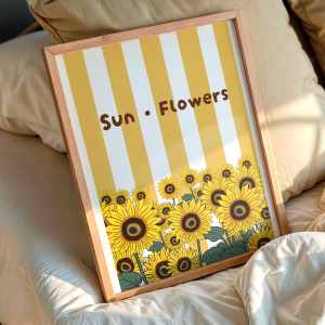 Affiche "Sun Flowers" avec champ de tournesols dorés sur fond rayé jaune et blanc, lettrage manuscrit brun