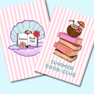 Deux affiches "Summer Book Club" sur fond rayé rose : design coquillage mauve avec livre ouvert et design pile de livres roses avec noix de coco cocktail