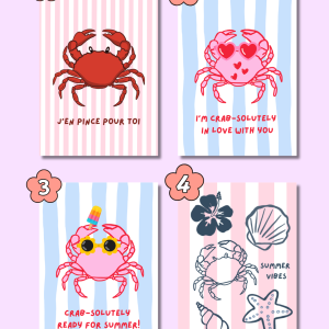 Collection de cartes postales "Magic Summer" : 9 designs illustrés marins et estivaux kawaii (crabes, flamant rose, méduse, tortue marine, pieuvre, étoiles de mer) sur fonds rayés rose et bleu