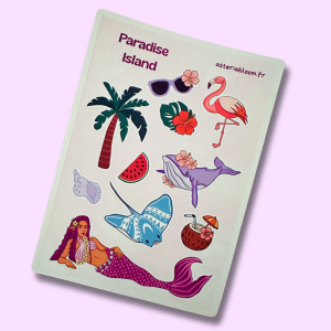 Planche de stickers "Paradise Island" 12x17 cm : sirène polynésienne aux cheveux violets, flamant rose, raie manta bleue, palmier, baleine fleurie et noix de coco cocktail sur fond blanc crème, posée sur fond rose lilas