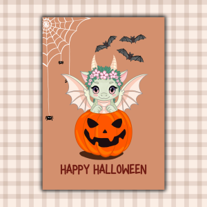 Affiche "Happy Halloween" : Lyra la bébé dragonne verte couronnée de fleurs roses dans une citrouille Jack-o'-Lantern souriante, chauves-souris et toile d'araignée sur fond terracotta brun