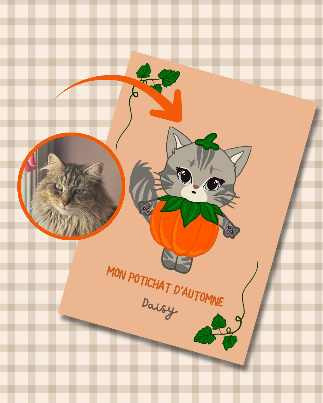 Votre chat en citrouille – Illustration personnalisée d'un chat déguisé en citrouille dans une ambiance automnale