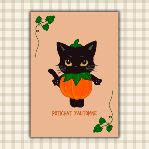 Affiche "Potichat d'Automne" : chat noir kawaii aux yeux dorés déguisé en citrouille orange avec vrilles de lierre vert sur fond pêche chaud