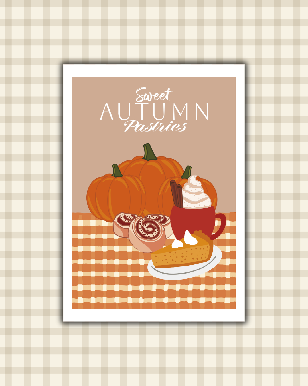Affiche "Sweet Autumn Pastries" : citrouilles orange, pumpkin latte chantilly, tarte au potiron et cinnamon rolls sur nappe vichy orange et crème, fond caramel
