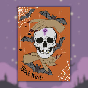 Affiche "Black Witch" : crâne blanc marqué d'une rune violette tenu par deux mains de sorcière aux ongles bordeaux, entouré de chauves-souris et toiles d'araignée blanches sur fond orange brûlé