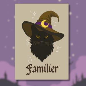 Affiche "Familier" : portrait de chat noir aux yeux dorés portant un grand chapeau de sorcière brun olive avec ruban violet et croissant de lune doré, fond taupe sablé parsemé d'étoiles scintillantes