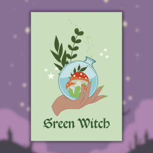 Affiche "Green Witch" : main aux ongles verts tenant une fiole de verre avec champignon amanite rouge, cristaux verts et plantes sauvages sur fond vert sauge pâle parsemé d'étoiles blanches
