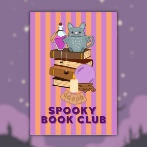 Affiche "Spooky Book Club" : chat sorcier gris tenant une fiole de potion violette sur une pile de livres anciens avec boule de cristal mauve, araignée, bougie et cartes de tarot sur fond rayé violet et orange