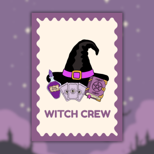 Affiche "Witch Crew" : grand chapeau de sorcière noir à bande violette sur cartes de tarot à l'œil mystique, grimoire à pentacle et fiole de Magic Potion violette, fond crème encadré d'une bordure timbre-poste violet