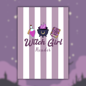 Affiche "Witch Girl Reader" : fiole de potion rose, chaudron noir croissant de lune bouillonnant de potion violette et grimoire brun à pentacle sur fond rayé violet et blanc, lettrage script violet profond