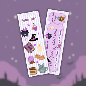 Marque-page recto-verso "Witch Crew / The Spooky Reader Club" : recto objets magiques kawaii (chaudron, chapeau, grimoire, boule de cristal) sur fond rayé violet, verso ticket vintage "Admit One Reader" avec mentions Making Potions et Reading the Future, posés côte à côte